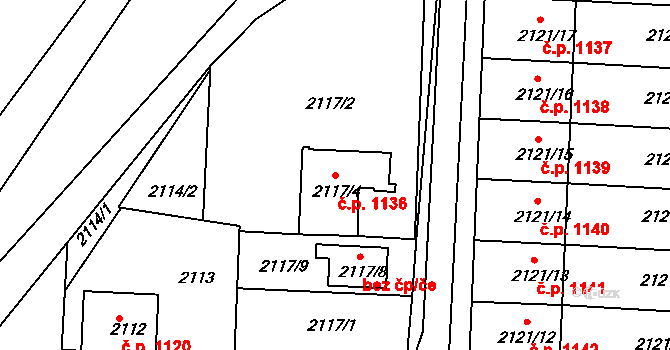 Hulín 1136 na parcele st. 2117/4 v KÚ Hulín, Katastrální mapa
