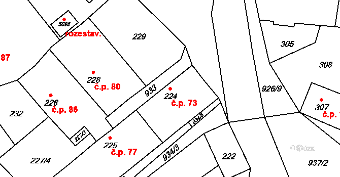 Milovice 73 na parcele st. 224 v KÚ Milovice nad Labem, Katastrální mapa