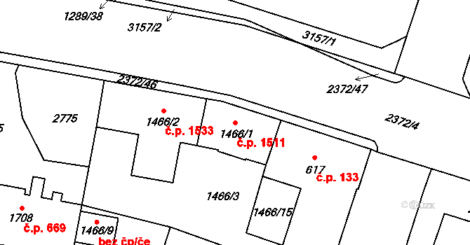 Cheb 1511 na parcele st. 1466/1 v KÚ Cheb, Katastrální mapa