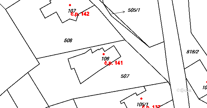 Jílové 141 na parcele st. 106 v KÚ Jílové u Děčína, Katastrální mapa