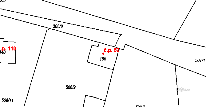 Myšlín 53, Mnichovice na parcele st. 165 v KÚ Myšlín, Katastrální mapa