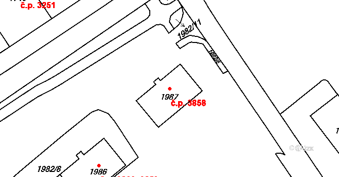 Chomutov 3858 na parcele st. 1987 v KÚ Chomutov I, Katastrální mapa