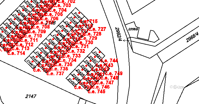Kuřim 744 na parcele st. 2143/1 v KÚ Kuřim, Katastrální mapa