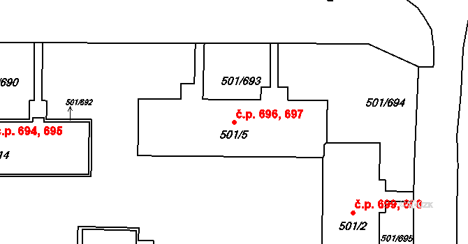 Ráj 696,697, Karviná na parcele st. 501/5 v KÚ Ráj, Katastrální mapa