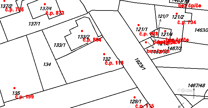 Černice 118, Plzeň na parcele st. 132 v KÚ Černice, Katastrální mapa