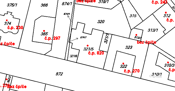 Bohnice 820, Praha na parcele st. 321/5 v KÚ Bohnice, Katastrální mapa