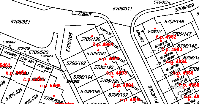 Jihlava 4992 na parcele st. 5706/191 v KÚ Jihlava, Katastrální mapa