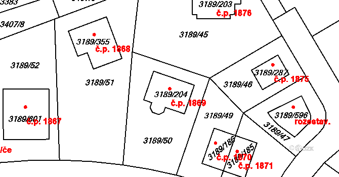 Roztoky 1869 na parcele st. 3189/204 v KÚ Žalov, Katastrální mapa