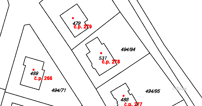 Sedlčánky 278, Čelákovice na parcele st. 531 v KÚ Sedlčánky, Katastrální mapa