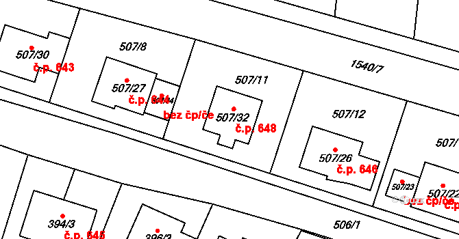Blučina 648 na parcele st. 507/32 v KÚ Blučina, Katastrální mapa