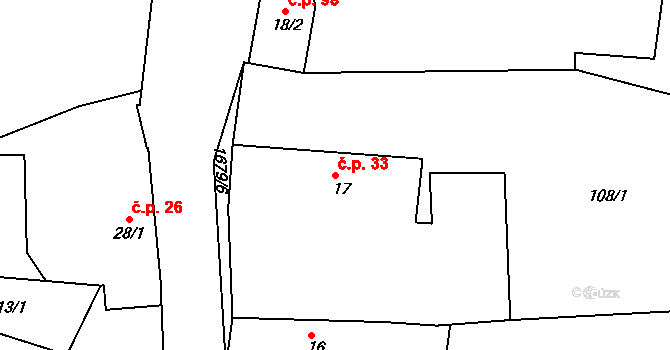 Velký Bor 33 na parcele st. 17 v KÚ Velký Bor u Horažďovic, Katastrální mapa