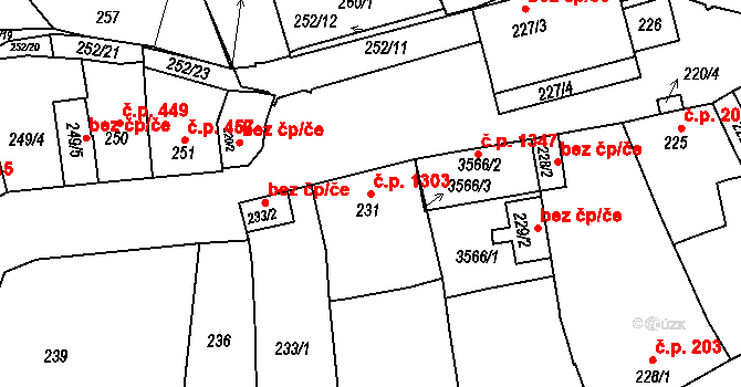 Hulín 1303 na parcele st. 231 v KÚ Hulín, Katastrální mapa