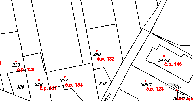 Chlebičov 132 na parcele st. 330 v KÚ Chlebičov, Katastrální mapa