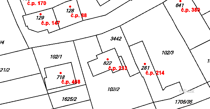 Topolná 213 na parcele st. 822 v KÚ Topolná, Katastrální mapa