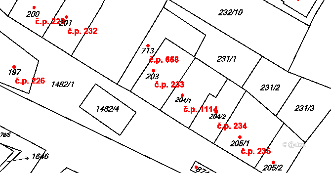 Kostelec nad Labem 233 na parcele st. 203 v KÚ Kostelec nad Labem, Katastrální mapa