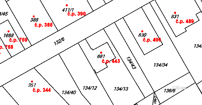 Rosice 443, Pardubice na parcele st. 661 v KÚ Rosice nad Labem, Katastrální mapa