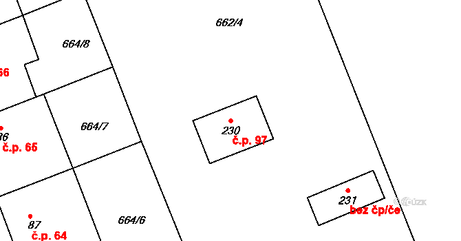 Kuroslepy 97 na parcele st. 230 v KÚ Kuroslepy, Katastrální mapa