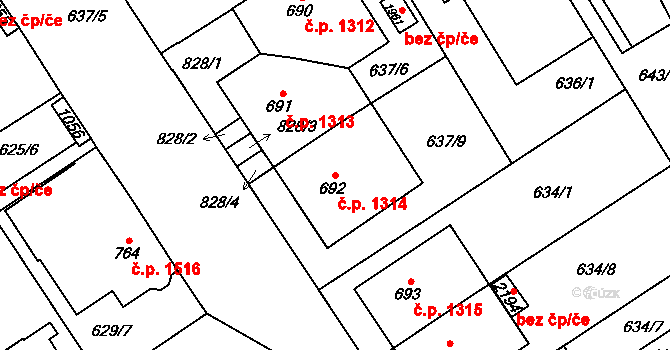 Nový Jičín 1314 na parcele st. 692 v KÚ Nový Jičín-Horní Předměstí, Katastrální mapa