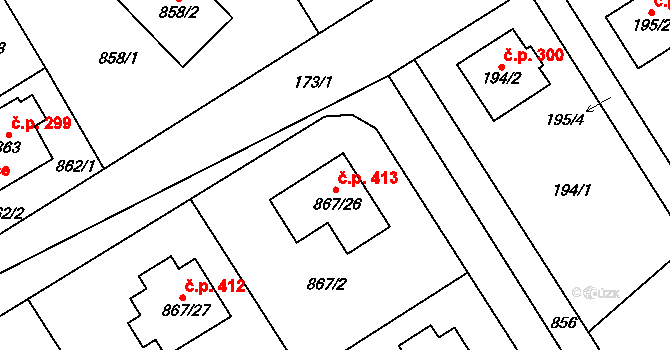 Zruč 413, Zruč-Senec na parcele st. 867/26 v KÚ Zruč, Katastrální mapa