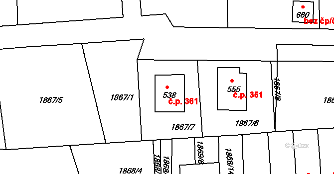 Merklín 361 na parcele st. 538 v KÚ Merklín u Přeštic, Katastrální mapa