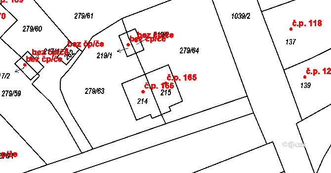 Měcholupy 165 na parcele st. 215 v KÚ Měcholupy u Žatce, Katastrální mapa