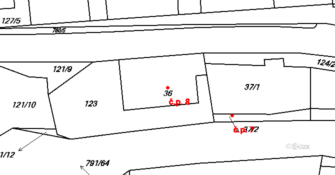 Pulice 8, Dobruška na parcele st. 36 v KÚ Pulice, Katastrální mapa