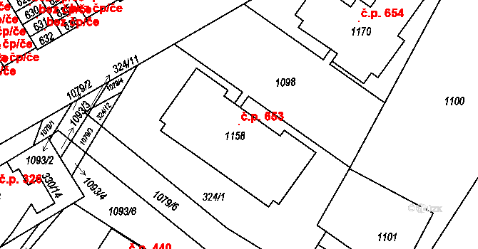Smiřice 653 na parcele st. 1158 v KÚ Smiřice, Katastrální mapa