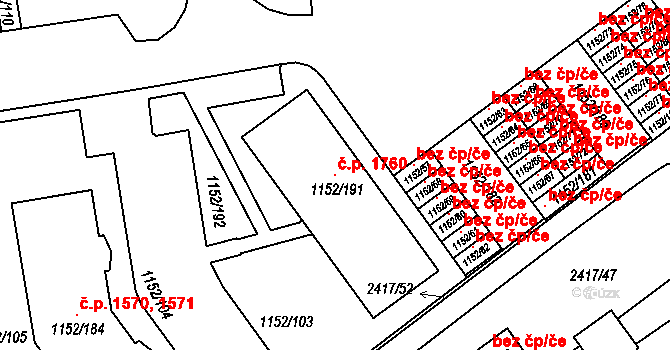Rychnov nad Kněžnou 1760 na parcele st. 1152/191 v KÚ Rychnov nad Kněžnou, Katastrální mapa