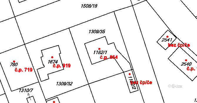 Dobřany 864 na parcele st. 1182/1 v KÚ Dobřany, Katastrální mapa