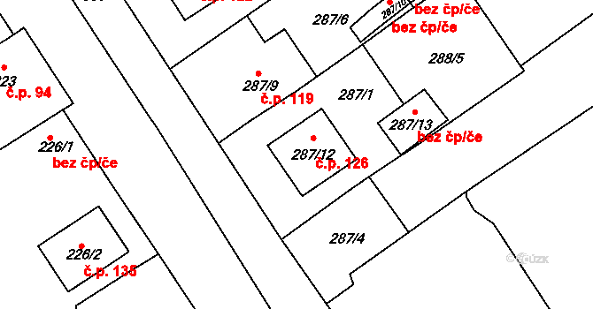 Borotice 126 na parcele st. 287/12 v KÚ Borotice nad Jevišovkou, Katastrální mapa