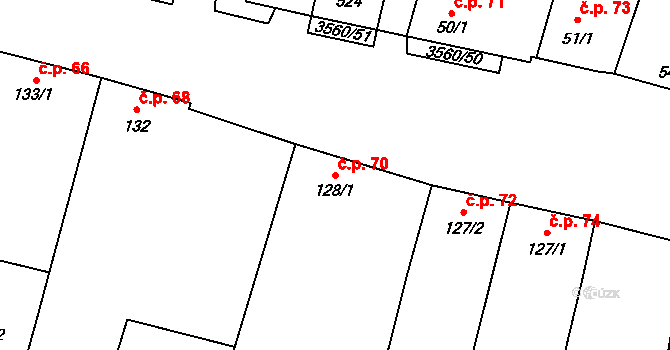 Hrabětice 70 na parcele st. 128/1 v KÚ Hrabětice, Katastrální mapa