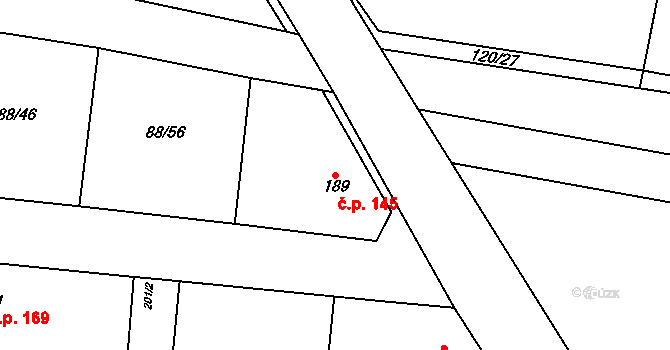 Hospozín 145 na parcele st. 189 v KÚ Hospozín, Katastrální mapa