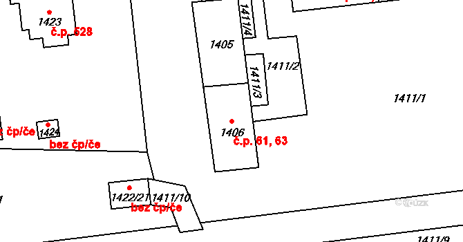 Doksy 61,63 na parcele st. 1406 v KÚ Doksy u Máchova jezera, Katastrální mapa
