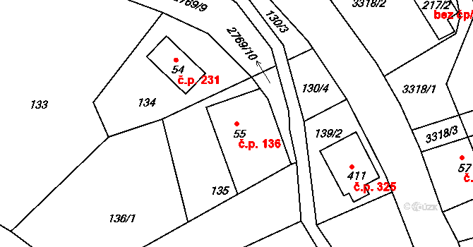 Václavice 136, Hrádek nad Nisou na parcele st. 55 v KÚ Václavice u Hrádku nad Nisou, Katastrální mapa