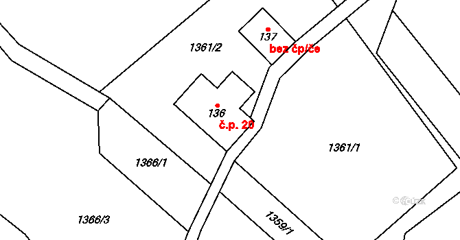 Štěpanická Lhota 20, Benecko na parcele st. 136 v KÚ Horní Štěpanice, Katastrální mapa