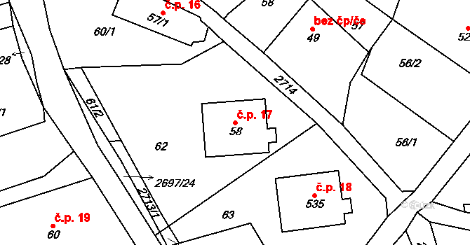 Loučky 17 na parcele st. 58 v KÚ Loučky u Turnova, Katastrální mapa