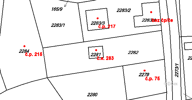 Rovina 283, Hlásná Třebaň na parcele st. 2281 v KÚ Hlásná Třebaň, Katastrální mapa