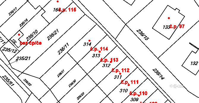 Bradlec 113 na parcele st. 313 v KÚ Bradlec, Katastrální mapa