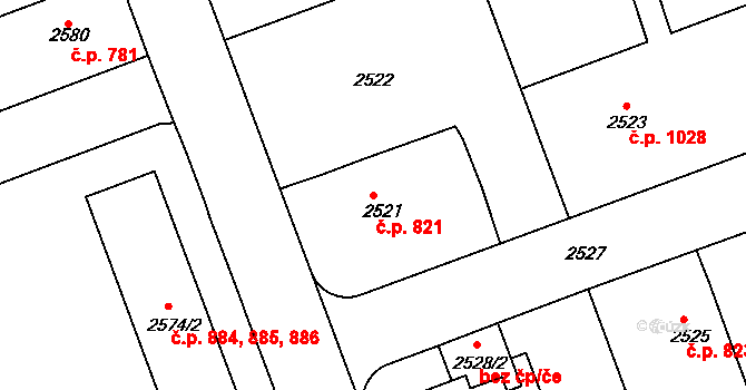 Hulín 821 na parcele st. 2521 v KÚ Hulín, Katastrální mapa