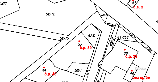 Kovářov 39, Bouzov na parcele st. 37 v KÚ Kovářov u Bouzova, Katastrální mapa