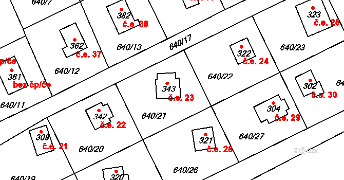 Broumy 23 na parcele st. 343 v KÚ Broumy, Katastrální mapa