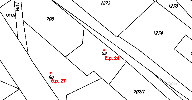 Hlubočinka 24, Sulice na parcele st. 58 v KÚ Sulice, Katastrální mapa