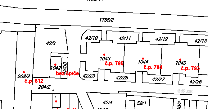 Libochovice 795 na parcele st. 1043 v KÚ Libochovice, Katastrální mapa