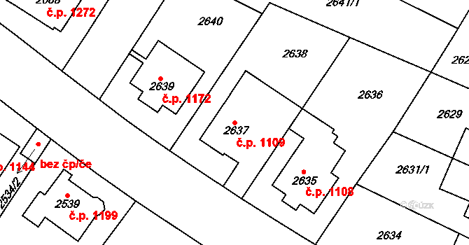Roudnice nad Labem 1109 na parcele st. 2637 v KÚ Roudnice nad Labem, Katastrální mapa