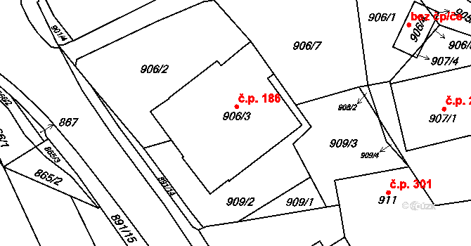 Jilemnice 186 na parcele st. 906/3 v KÚ Jilemnice, Katastrální mapa