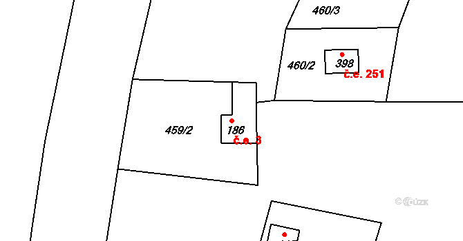 Bystřička 3 na parcele st. 186 v KÚ Bystřička II, Katastrální mapa