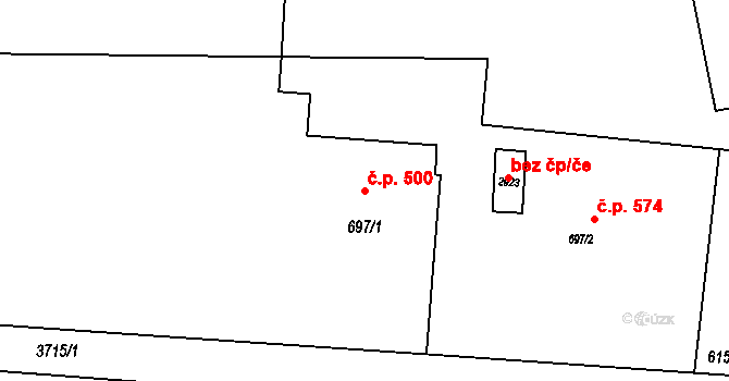 Rožnov pod Radhoštěm 500 na parcele st. 697/1 v KÚ Rožnov pod Radhoštěm, Katastrální mapa