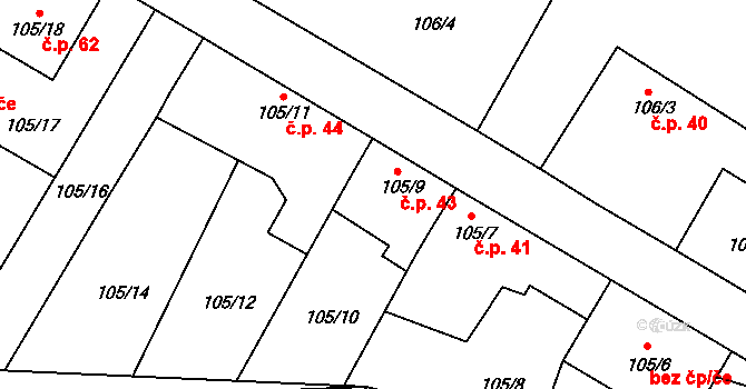 Klučov 43 na parcele st. 105/9 v KÚ Klučov, Katastrální mapa