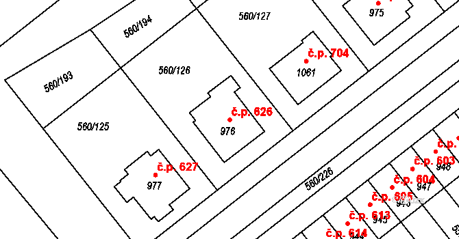 Podklášteří 626, Třebíč na parcele st. 976 v KÚ Podklášteří, Katastrální mapa