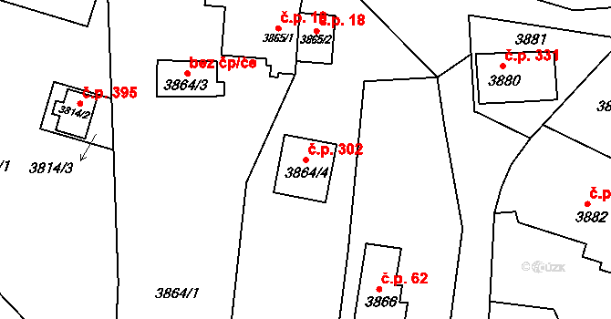 Lískovec 302, Frýdek-Místek na parcele st. 3864/4 v KÚ Lískovec u Frýdku-Místku, Katastrální mapa
